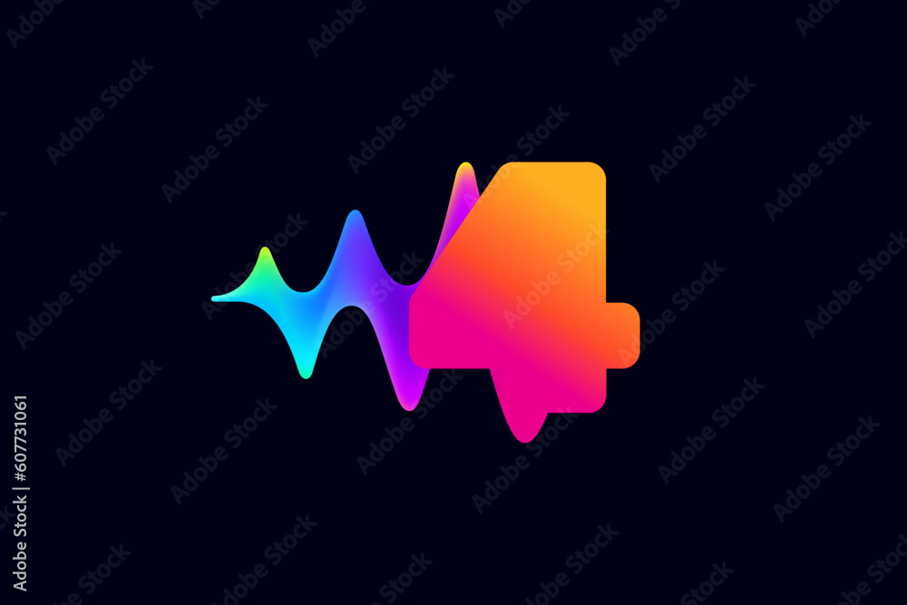 4 logo. Number four logo with pulse music player element. Vibrant sound wave flow line and glitch effect. Neon gradient icon. 4 logo. Number four logo with pulse music player element. Vibrant sound wave flow line and glitch effect. Neon gradient icon.