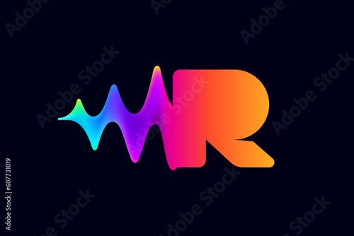 R letter logo with pulse music player element. Vibrant sound wave flow line and glitch effect. Neon gradient icon.