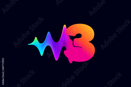 3 logo. Number three logo with pulse music player element. Vibrant sound wave flow line and glitch effect. Neon gradient icon.
