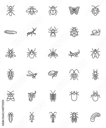 Insects animals line icons set