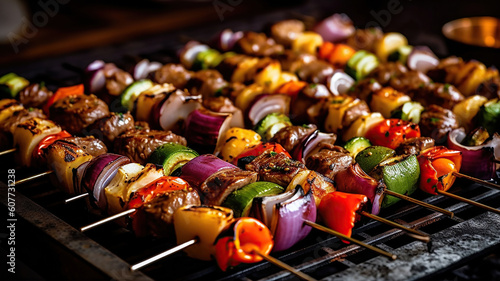 Grilled skewers of vegetables and meat on the grill. Generative Ai