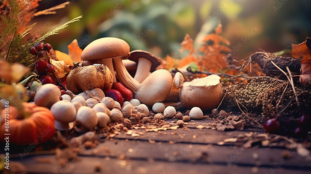 Autumn nature background border with food. Generative Ai Autumn nature background border with food. Generative Ai