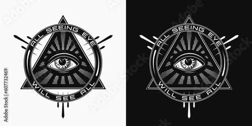 Circular emblem with all seeing eye, eye of providence, text Concept of intuition, expansion of consciousness Colorful psychedelic illustration in mystical style For clothing, apparel, T-shirts design