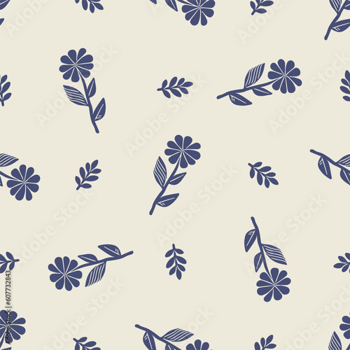 Quirky floral lino cut motif vector pattern. Seamless decoration of whimsical foliate design for modern background