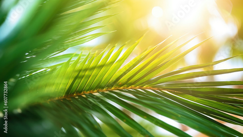 Blur beautiful nature green palm leaf on tropical beach with bokeh sun light wave abstract background. Generative Ai
