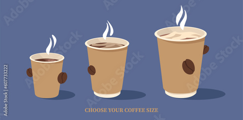 Paper cups with coffee of different sizes. Choose your coffee size. Concept of cafes, hot coffee, coffee beans. 3D