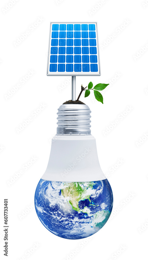 Solar cell and fresh green tree leaves on soil with earth globe inside ...