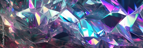 3d render, abstract crystal background, iridescent texture, macro panorama, faceted gem, wide panoramic polygonal wallpaper, Generative AI