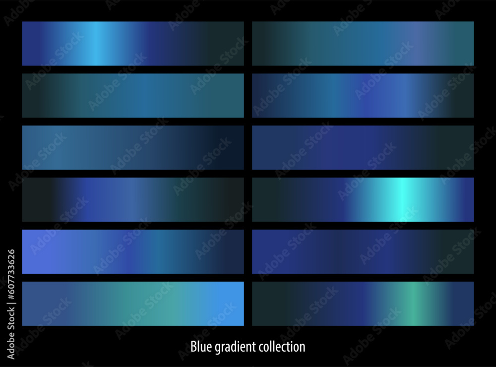 Blue metallic gold gradients collection template set. Vector illustration.