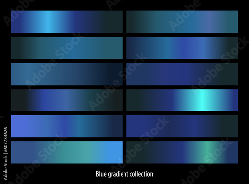 Blue metallic gold gradients collection template set. Vector illustration.