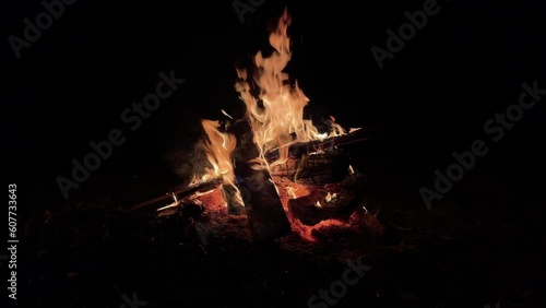 Campfire in the fireplace, deep dark night, 4K in 60 fps