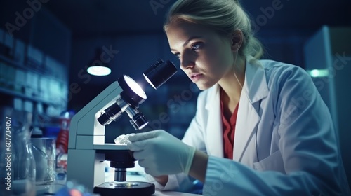 scientist looking through microscope