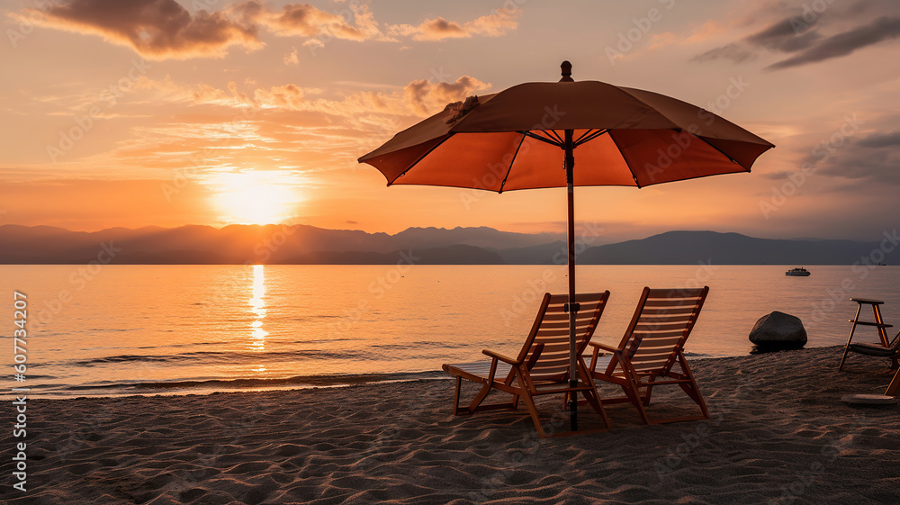 an umbrella and lounge chair on the beach against a sunset. Generative Ai