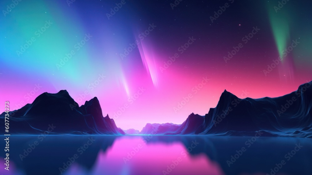 3d render, abstract panoramic background. Seascape with cliffs under the pink blue night gradient sky with northern lights, fantasy scenery wallpaper with Aurora, Generative AI
