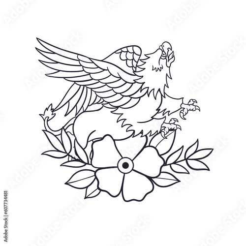 Hand drawn illustration of gryphon traditional tattoo outline