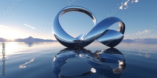 3d render, abstract futuristic background, northern panoramic landscape, fantastic scenery with calm water, geometric glossy chrome infinity shape and, Generative AI