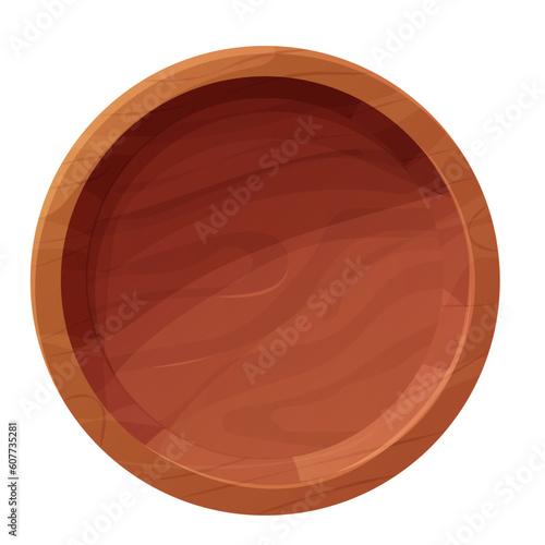 Wooden plate, bowl top view in cartoon style isolated on white background. Textured kitchen rustic tableware, traditional.