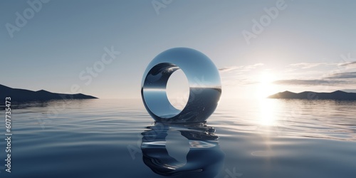 3d render, abstract minimalist background, futuristic landscape, fantastic seascape with calm water, polished chrome ring and silver ball under the plain gradient sky. Fantasy panoramic, Generative AI