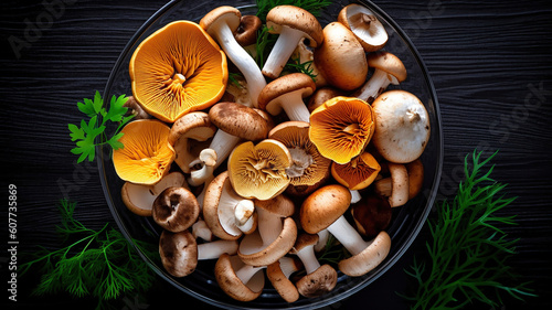 Different fresh wild mushrooms in bowl on black background. Generative Ai