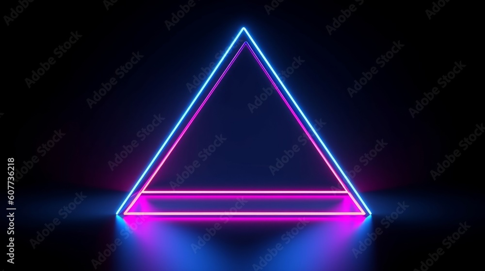 3d render, abstract neon background with blank fluorescent triangular frame. Simple geometric shape. Laser line glowing with pink blue light, Generative AI 3d render, abstract neon background with blank fluorescent triangular frame. Simple geometric shape. Laser line glowing with pink blue light, Generative AI