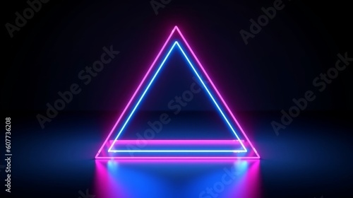 3d render, abstract neon background with blank fluorescent triangular frame. Simple geometric shape. Laser line glowing with pink blue light, Generative AI