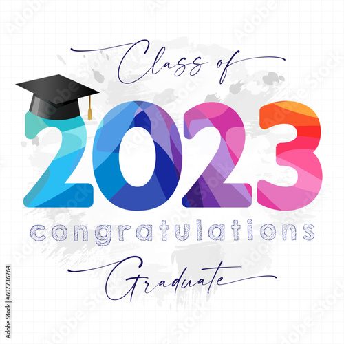Graduating creative banner for class of 2023. School background - notebook page, ink spots, colorful number 2 0 2 3 and handwritten style text. Isolated graphic elements. Prom ceremony greeting card.