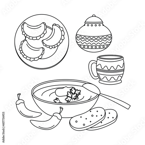 Dumplings on a plate. Borscht, jug, mug. Ukrainian symbols.