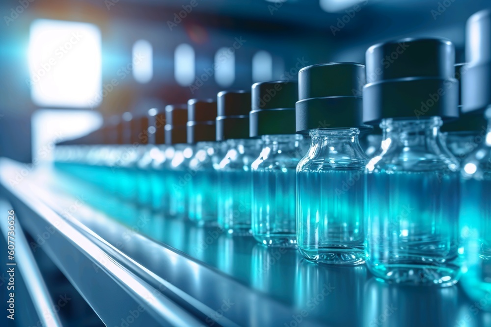 Hintergrund der pharmazeutischen Herstellung mit Glasflaschen mit klarer Flüssigkeit auf einer automatischen Förderlinie, Generiert mit KI	