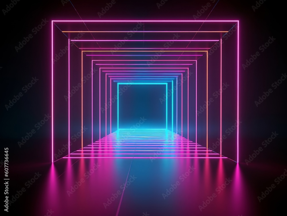 3d render, glowing lines, tunnel, neon lights, virtual reality, abstract background, square portal, arch, pink blue spectrum vibrant colors, laser, Generative AI 3d render, glowing lines, tunnel, neon lights, virtual reality, abstract background, square portal, arch, pink blue spectrum vibrant colors, laser, Generative AI