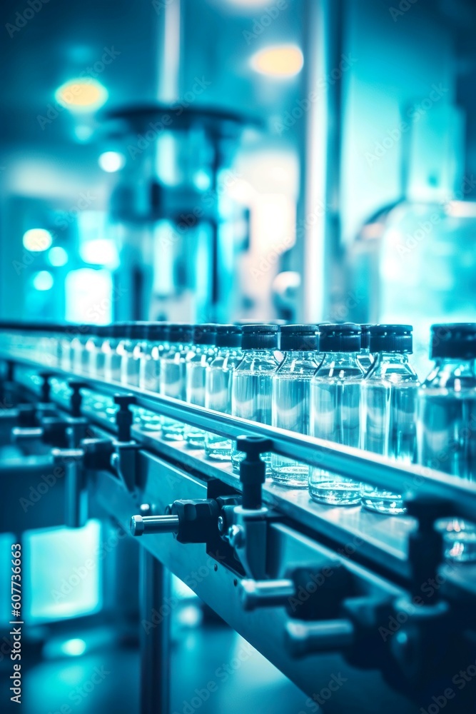 Hintergrund der pharmazeutischen Herstellung mit Glasflaschen mit klarer Flüssigkeit auf einer automatischen Förderlinie, Generiert mit KI Hintergrund der pharmazeutischen Herstellung mit Glasflaschen mit klarer Flüssigkeit auf einer automatischen Förderlinie, Generiert mit KI