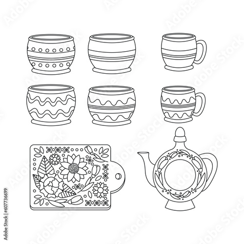 A set of dishes, cups, pots, a kitchen cutting board. Ukrainian symbols.