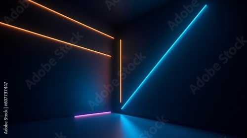 3d render, abstract minimal neon background with glowing lines. Dark wall illuminated with led lamps. Blue orange wallpaper, Generative AI
