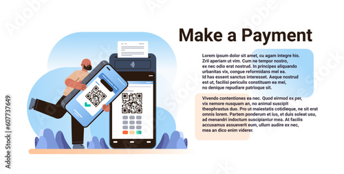 man customer or shopper using mobile app with qr code and pos-terminal to make a payment on smartphone online shopping