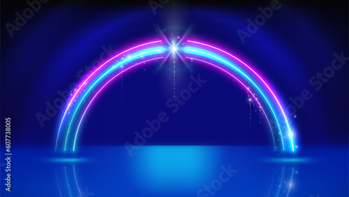 Neon frame, led arch, stage. Background, backdrop for displaying products. Light led lines. Blue pink purple neon arch, frame. Glowing sparkling portal. Vector illustration