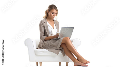 young happy dressed woman using a laptop on a white background