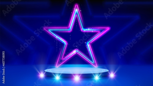 Neon stars, podium, stage light, glowing led star. Background for awards ceremony. Stage. Pink blue purple sparkling neon star, led lines. Backdrop for displaying products. Vector illustration