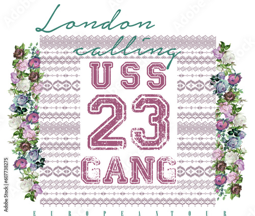 lettering floral and ethnic figures print pattern