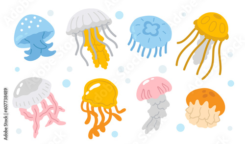 Vector illustration set of cute doodle jellyfish for digital stamp greeting card sticker icon summer design