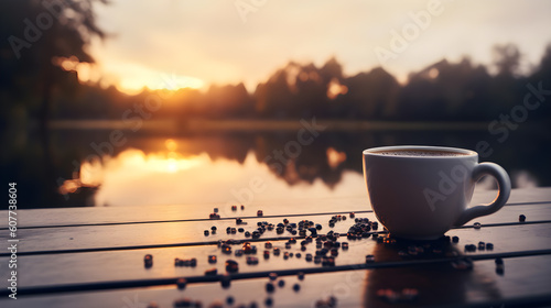 A Cup of Coffee on the Rustic Wooden Table in Front of Beautiful Lake in the Golden Warm Sunset Moment. Generative AI. photo