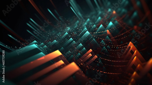 Modern digital abstract 3D background. Can be used in the description of network abilities, technological processes, digital storages, science, education, etc. Copy space. Based on Generative AI