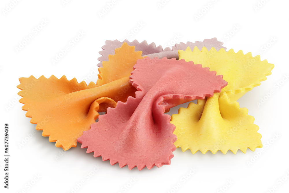 colorful farfalle pasta isolated on white background with depth of field