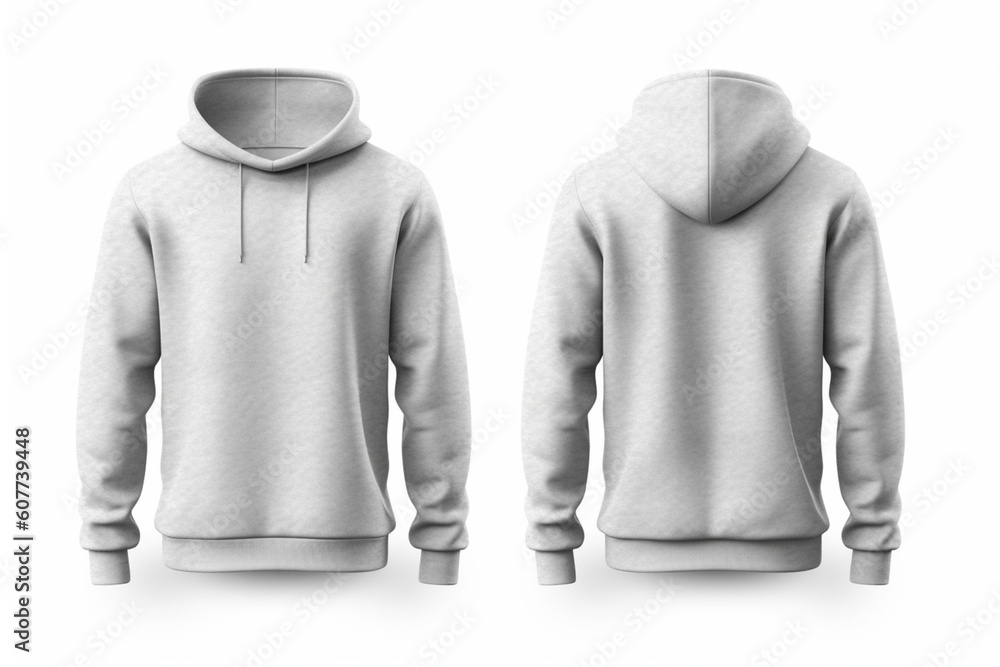 Clean white background, men’s grey blank hoodie template, front and