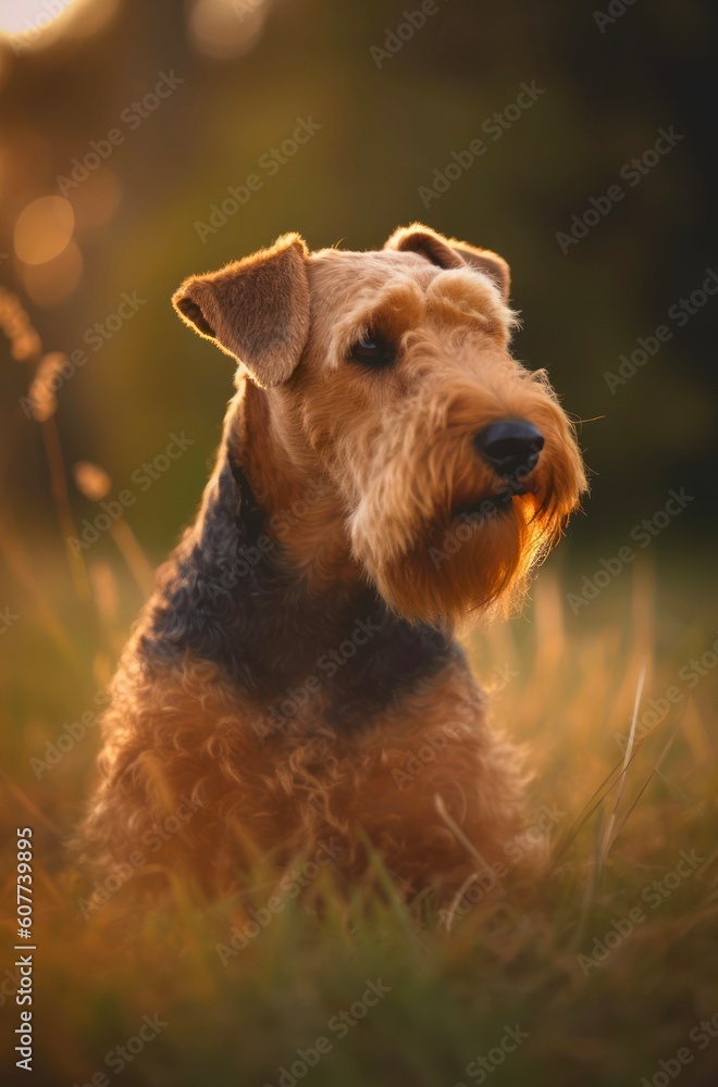 Airedale Terrier dog is walking outdoor. Generative AI. Airedale Terrier dog is walking outdoor. Generative AI.
