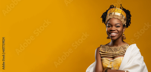 a smiling young female dressed as a queen's in front of orange background generative ai