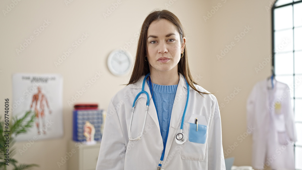Young caucasian woman doctor standing with serious expression at clinic Young caucasian woman doctor standing with serious expression at clinic