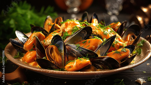 Delicious seafood mussels with with sauce and parsley. Generative Ai
