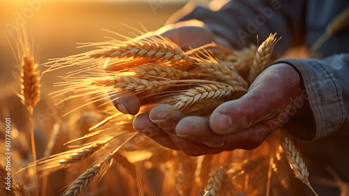 The hands of a farmer close up pour a handful of wheat grains in a wheat field. Generative Ai