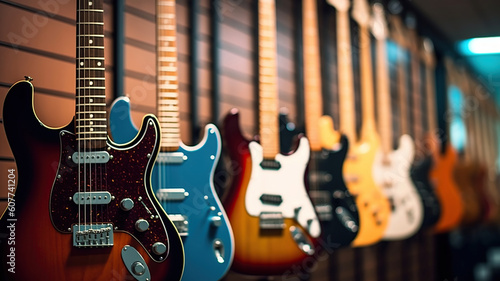 A row of different electric guitars hanging in a modern musical shop. Generative Ai