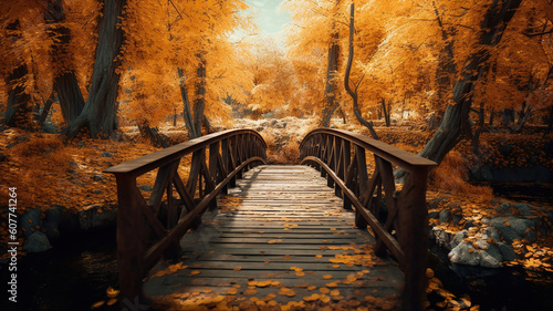 a bridge in a forest with fallen leaves. Generative Ai © vectorizer88