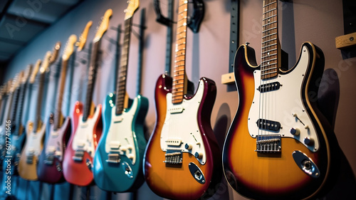 A row of different electric guitars hanging in a modern musical shop. Generative Ai